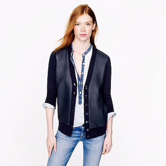 J CREW COLLECTION LEATHER MERINO CARDIGAN NAVY S - Picture 2 of 8